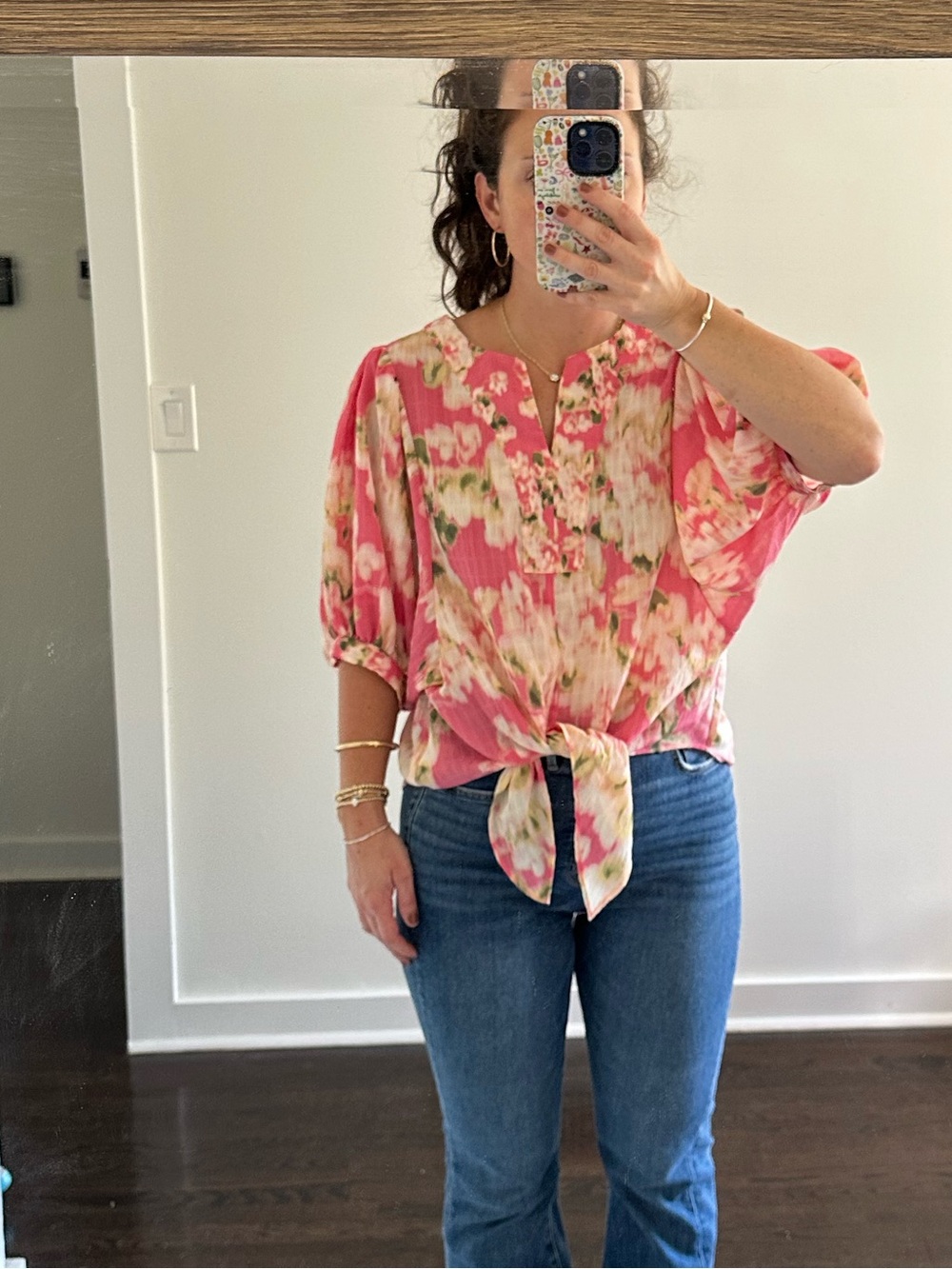 Rose + Olive Pink Floral Peasant Blouse Tie Front Balloon Sleeve Top | Size S